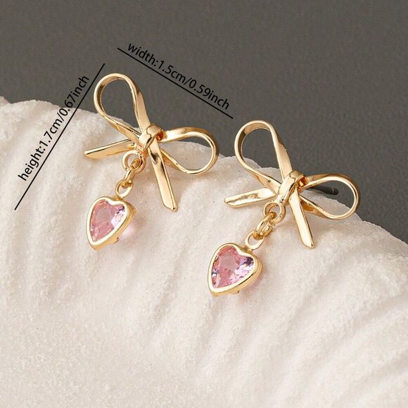 Multicolor Women's Golden Color Bow Heart Dangle Earring - Picture 3 of 3
